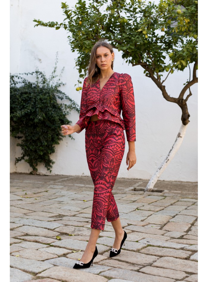 Pantalón recto midi con estampado de diseño