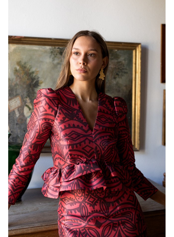 Red and burgundy print blouse with puffed sleeves