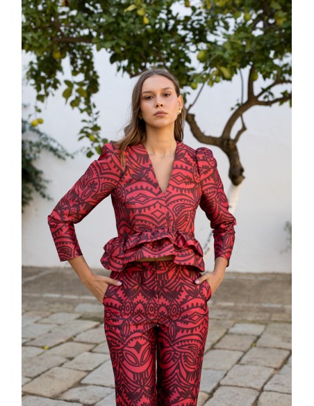 Blouse à manches bouffantes imprimée rouge et bordeaux