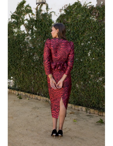 Blouse à manches bouffantes imprimée rouge et bordeaux