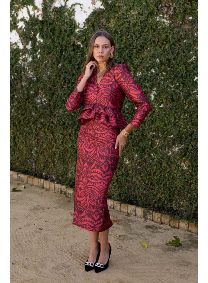 Red and burgundy print blouse with puffed sleeves