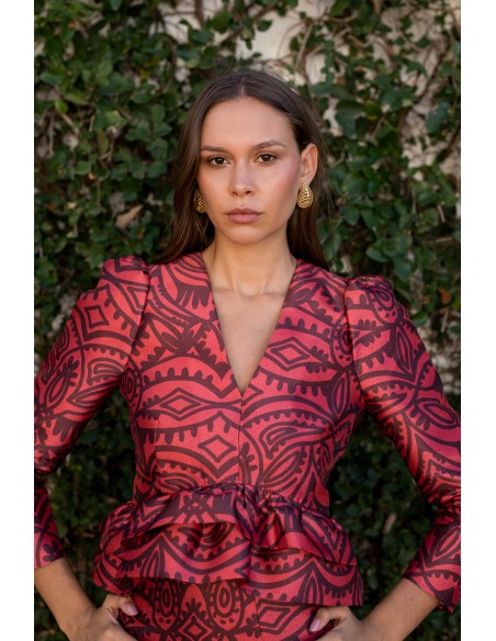 Red and burgundy print blouse with puffed sleeves