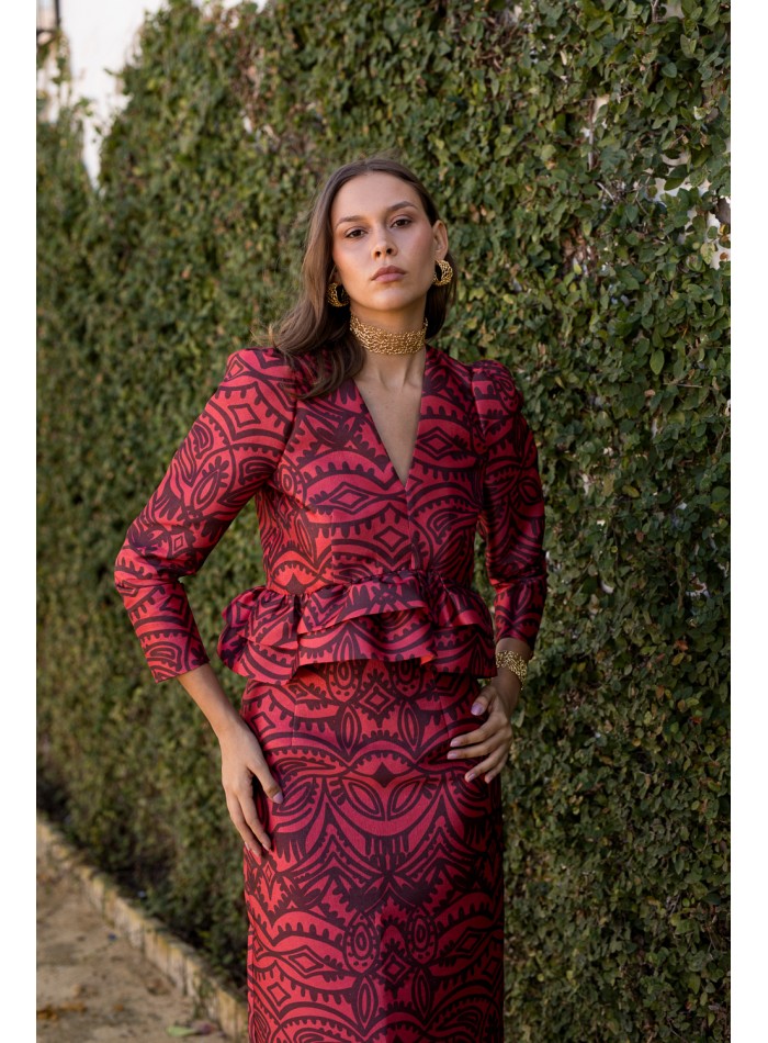 Blouse à manches bouffantes imprimée rouge et...