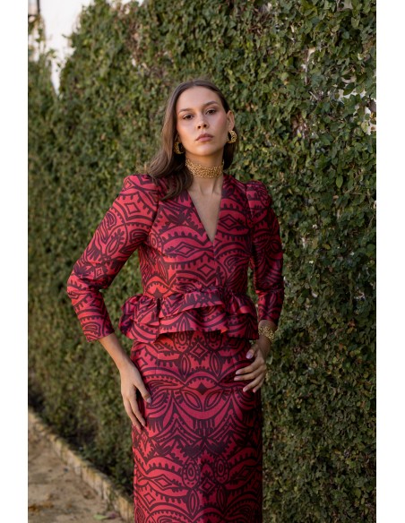 Red and burgundy print blouse with puffed sleeves