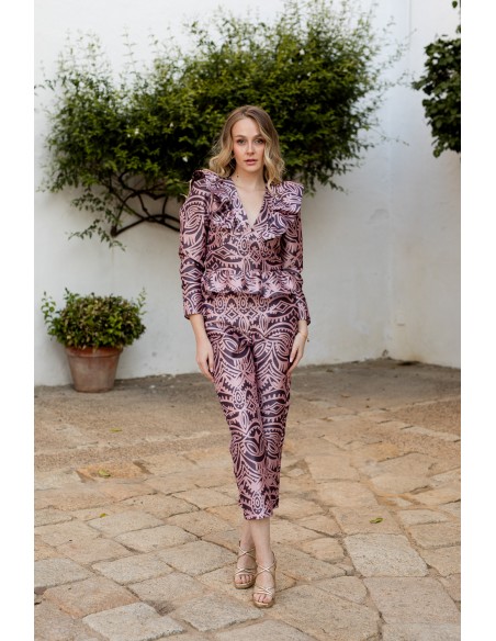 Pantalón recto de fiesta estampado rosa