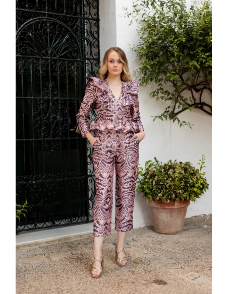 Pantalón recto de fiesta estampado rosa