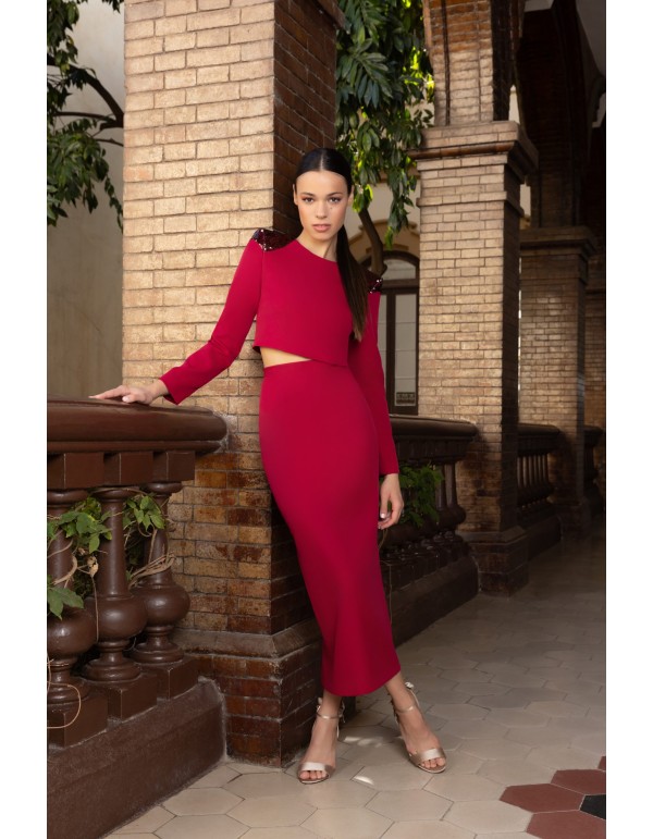 Party set crop top with shoulder pads and plain midi skirt