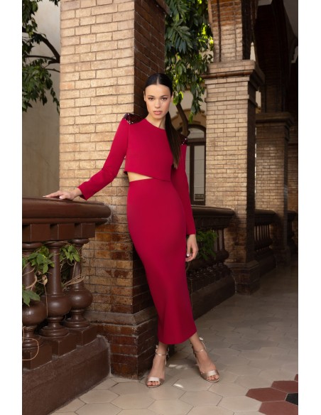 Party set crop top with shoulder pads and plain midi skirt