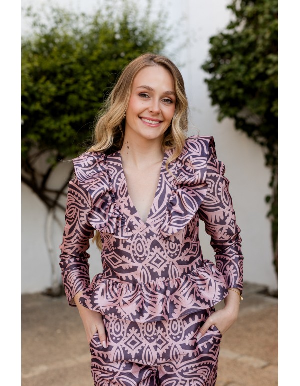 Chemisier imprimé rose à encolure péplum et volants