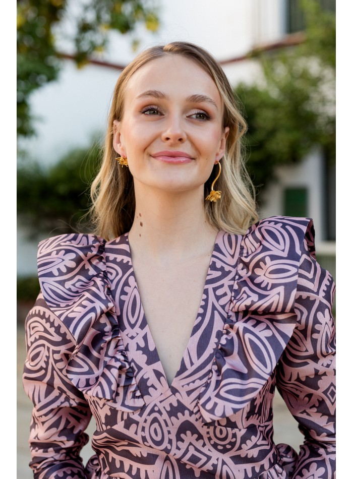 Chemisier imprimé rose à encolure péplum et...