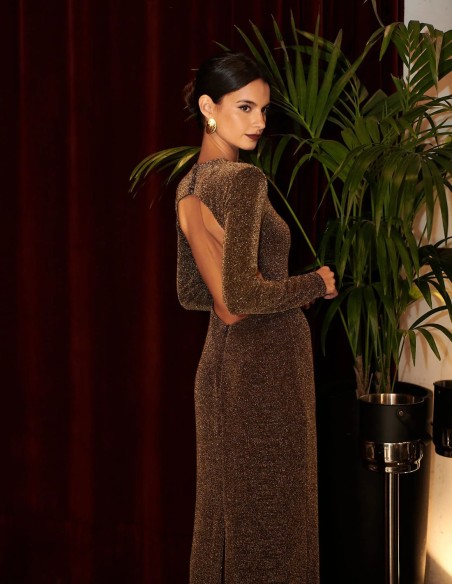 Robe de soirée longue pour invitée avec manches longues et dos ouvert