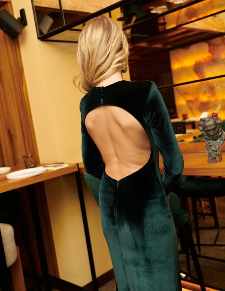 Vestido de fiesta largo para invitada con manga larga y espalda descubierta