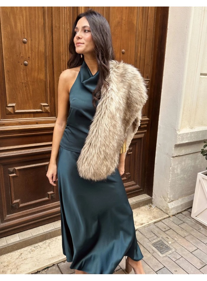 Green satin halter-necked guest top
