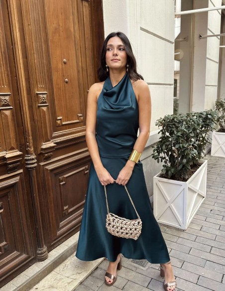 Green satin halter-necked guest top