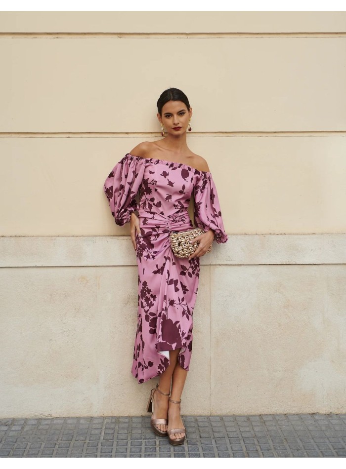 Printed midi dress with bardot neckline and...