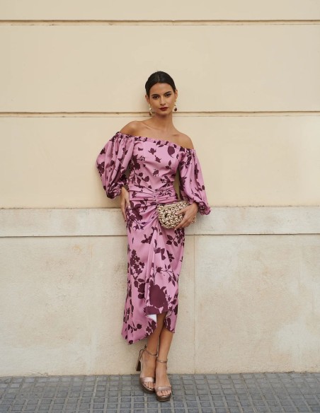 Printed midi dress with bardot neckline and ruching