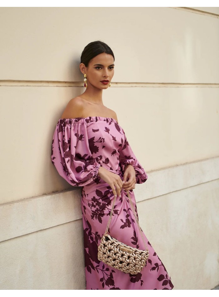 Robe midi imprimée avec encolure bardot et ruchés