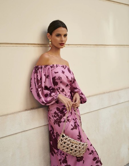 Printed midi dress with bardot neckline and ruching