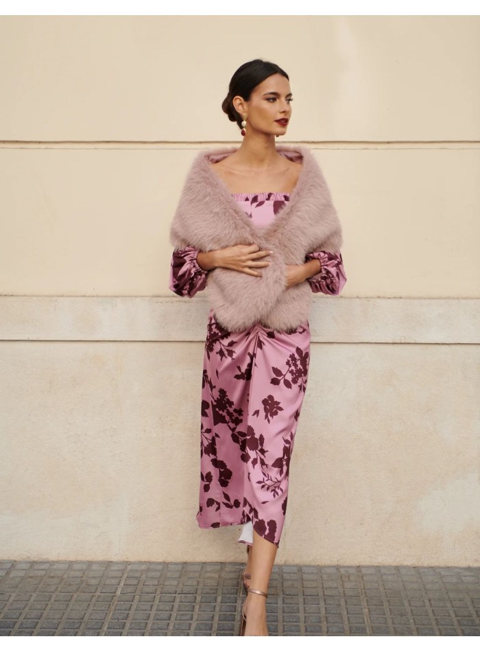 Robe midi imprimée avec encolure bardot et ruchés