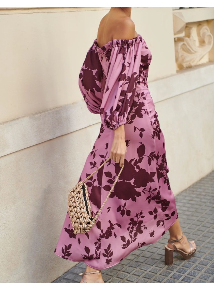 Printed midi dress with bardot neckline and...