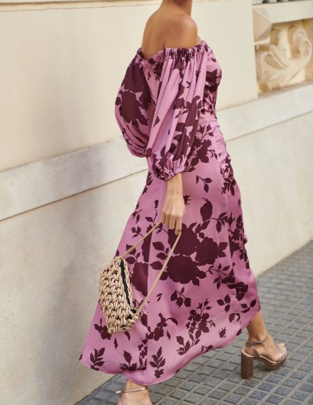 Vestido midi estampado con escote bardot y fruncido