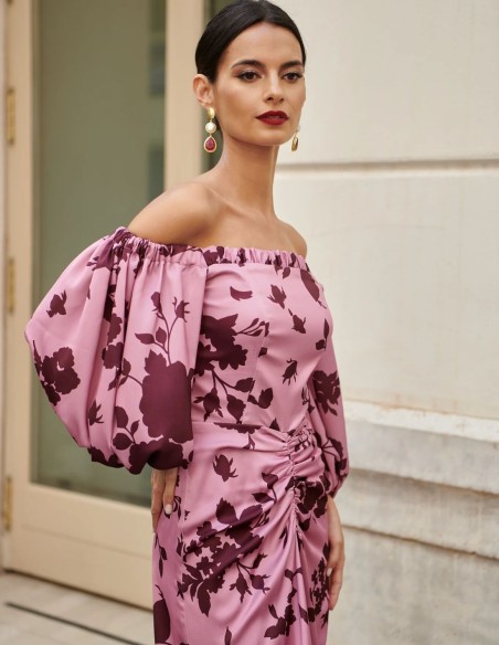 Printed midi dress with bardot neckline and ruching