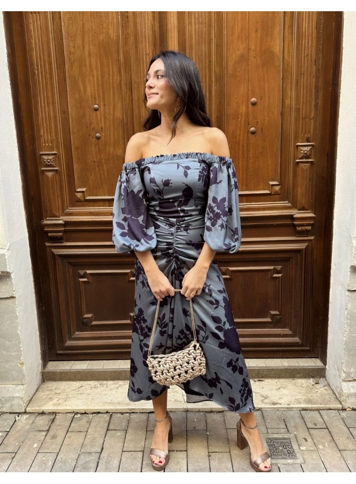 Robe midi imprimée avec encolure bardot et ruchés