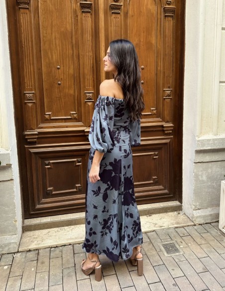 Printed midi dress with bardot neckline and ruching