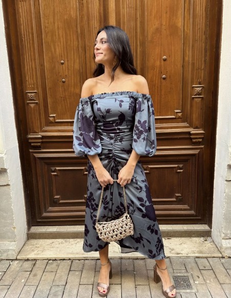 Vestido midi de fiesta con estampado floral y escote bardot