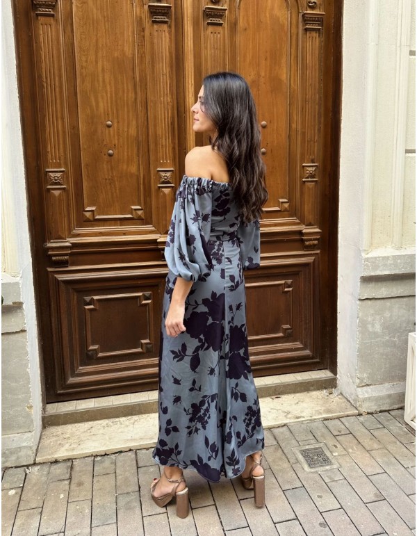 Vestido midi de fiesta con estampado floral y escote bardot 2