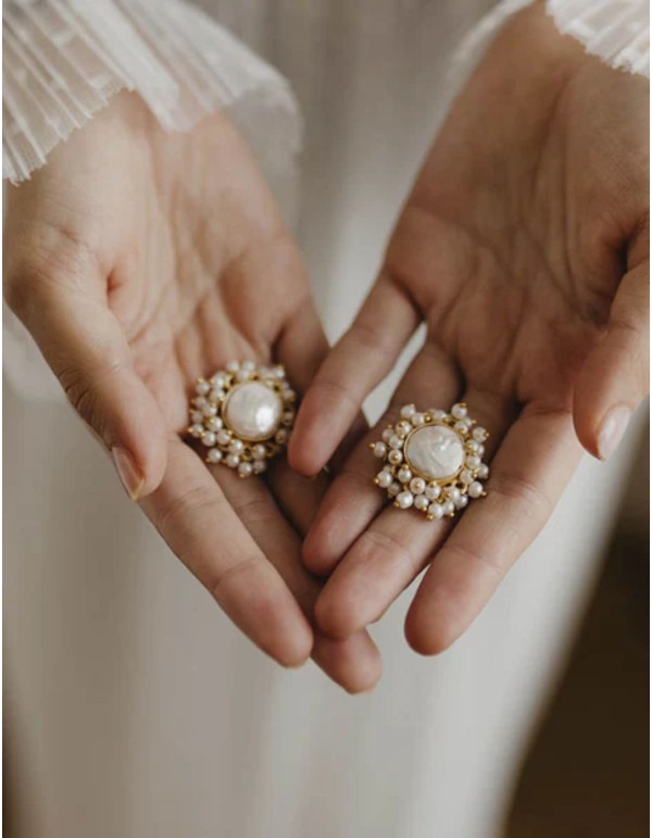 Button style earrings with central pearl and smaller pearls around it 2