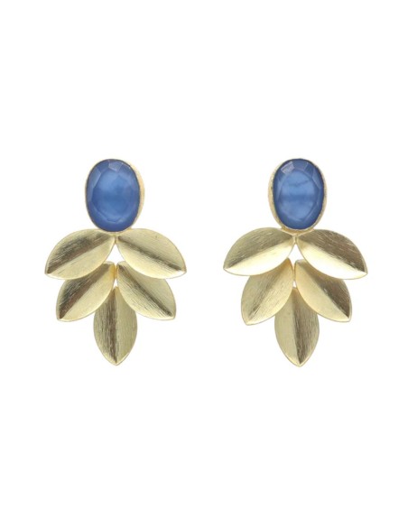 Party earrings with golden leaves and oval natural stone