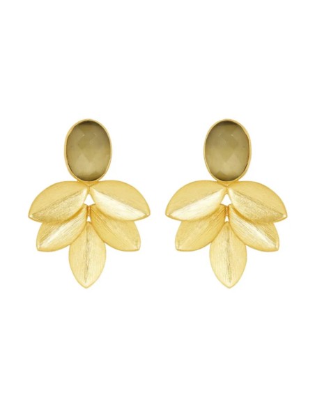 Pendientes de fiesta con hojas doradas y piedra natural ovalada