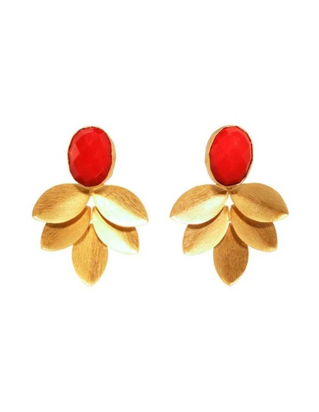 Pendientes de fiesta con hojas doradas y piedra natural ovalada