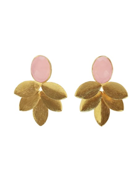 Party earrings with golden leaves and oval natural stone