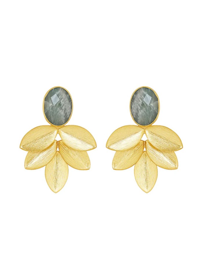 Pendientes de fiesta con hojas doradas y piedra natural ovalada en color verde