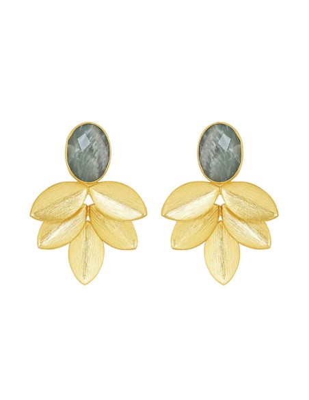 Boucles d'oreilles de fête en feuilles d'or et pierres ovales naturelles