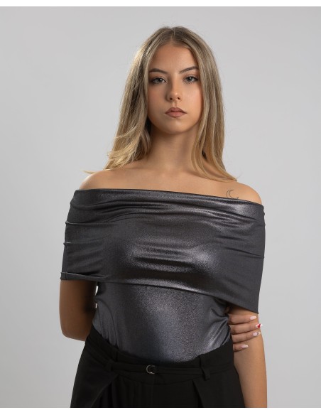 Shiny party top with bardot neckline