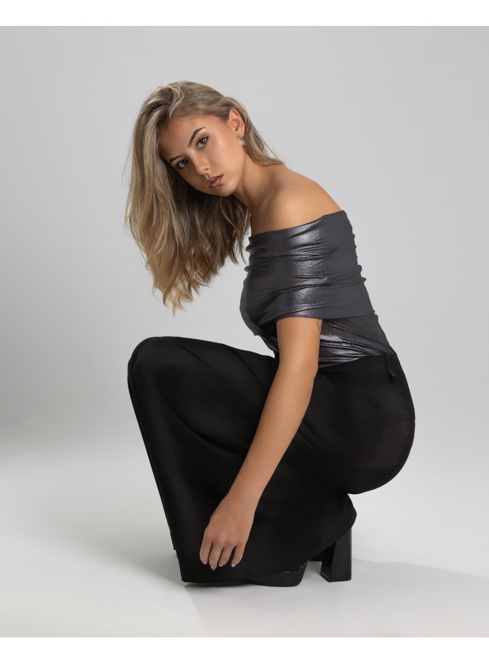 Shiny party top with bardot neckline
