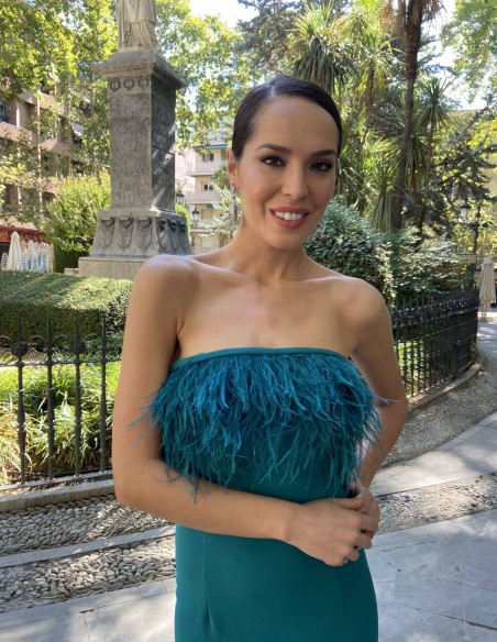 Midi party dress with feathered neckline