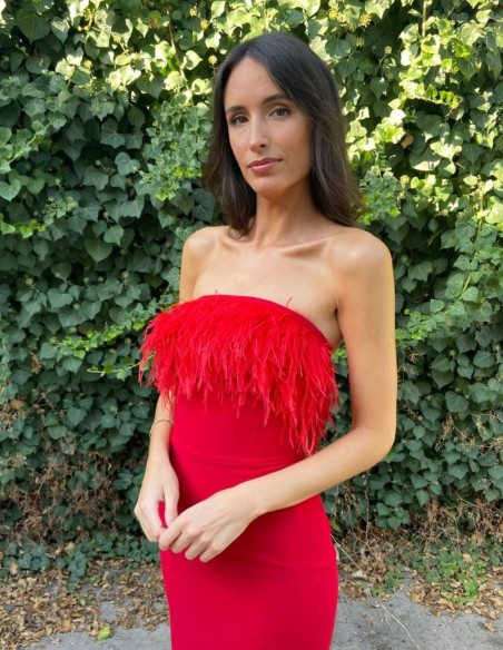 Midi party dress with feathered neckline