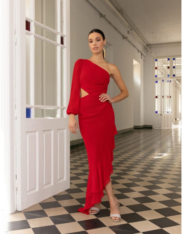 Asymmetrical long party dress with ruffles and cut-out