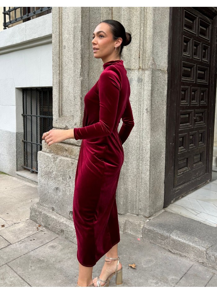 Robe de soirée midi en velours lie-de-vin avec...
