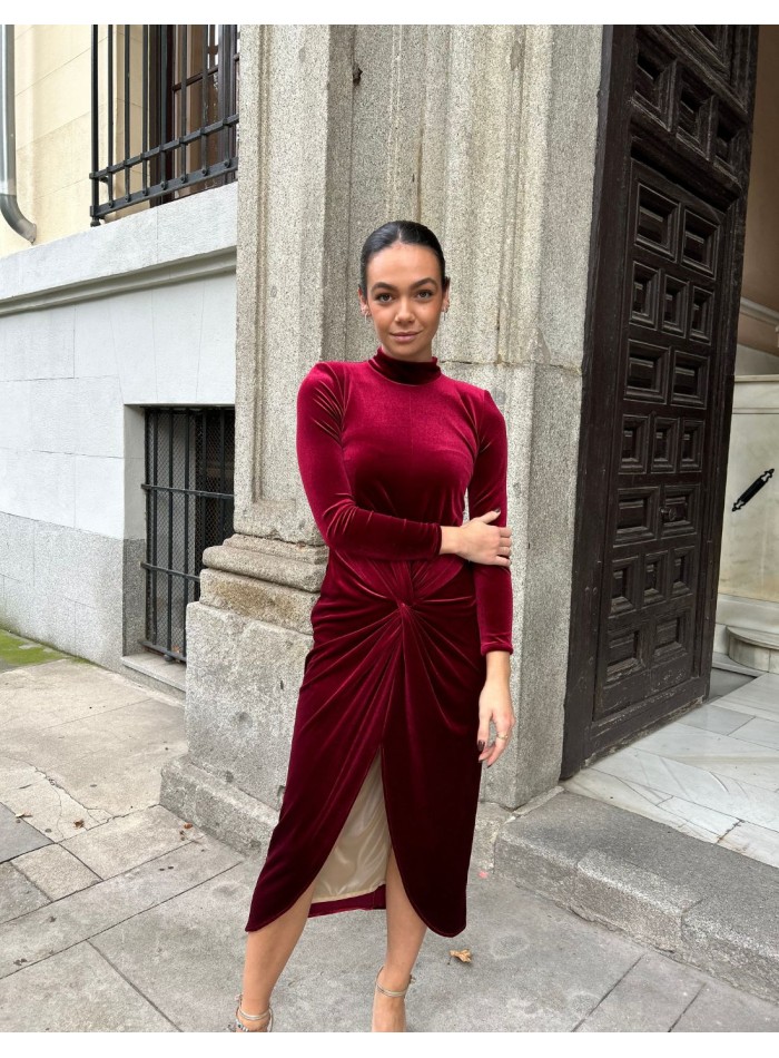 Wine velvet midi party dress with center knot