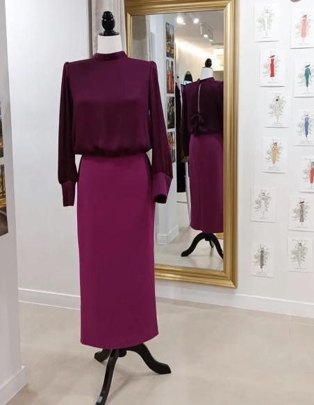 Midi party dress with bambula blouse and knit tube skirt