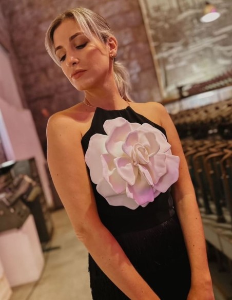 Black crop party top with maxi flower in the center