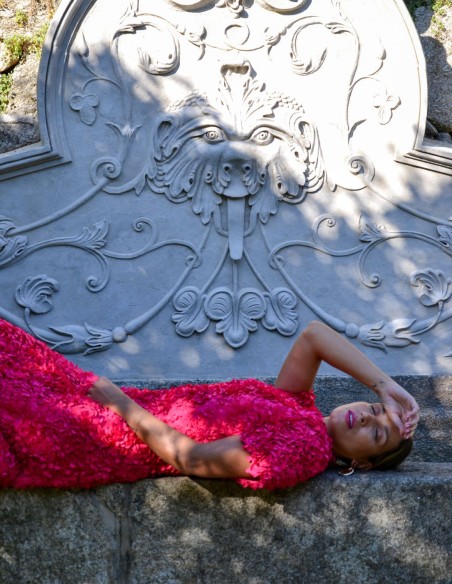 Fuchsia midi party dress with flowers and short sleeves
