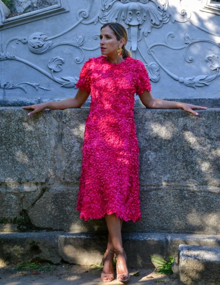 Fuchsia midi party dress with flowers and short sleeves