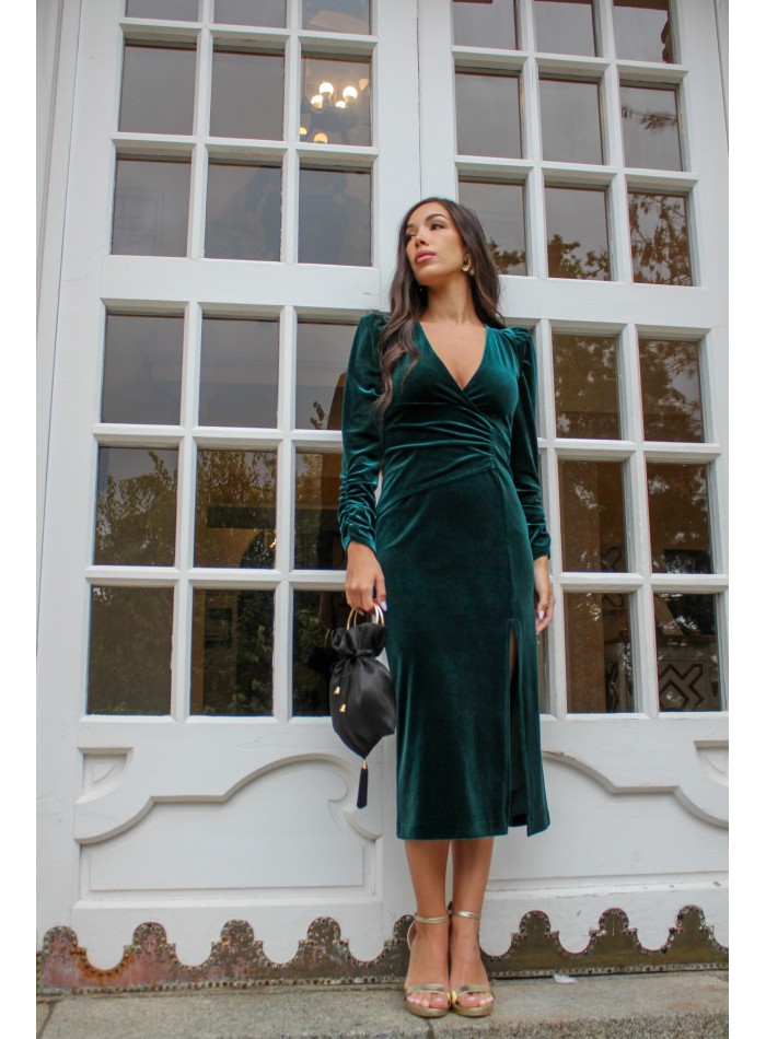 Vestido midi de terciopelo verde botella con...