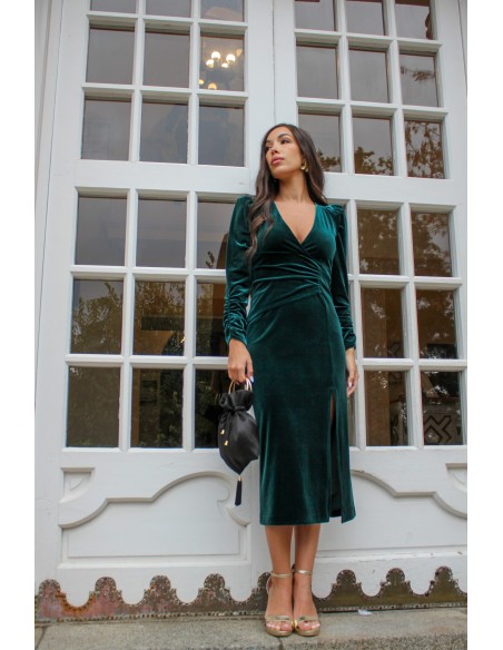 Vestido midi de terciopelo verde botella con manga larga